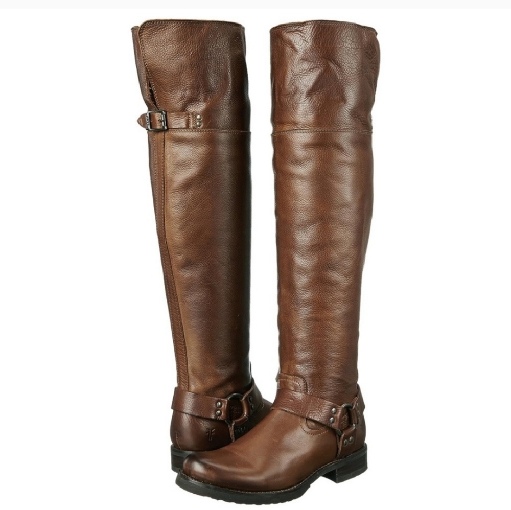 Frye Veronica Harness Over The Knee Boots Cuff Cognac Brown Moto Buckle